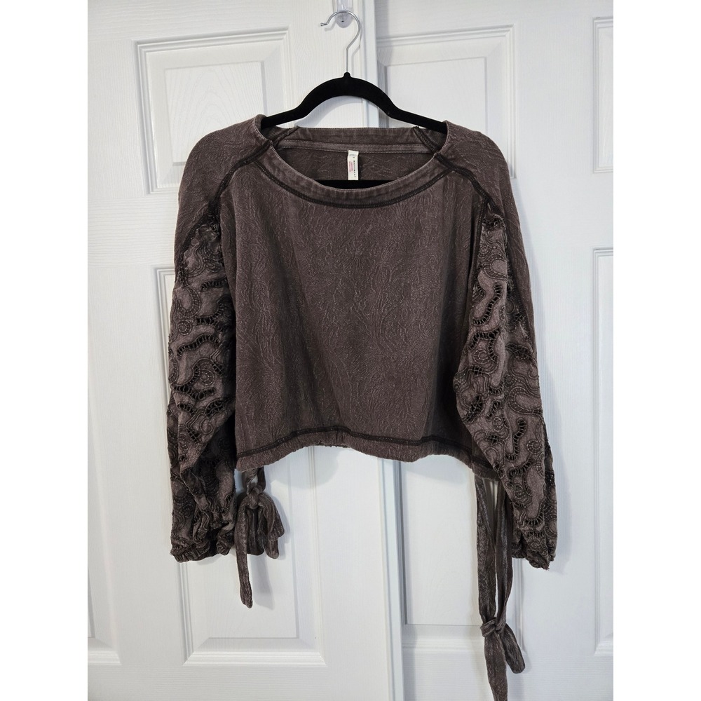 FP Movement Free People Brown Lace Crochet Sleeve Cropped Sweatshirt Side Ties M